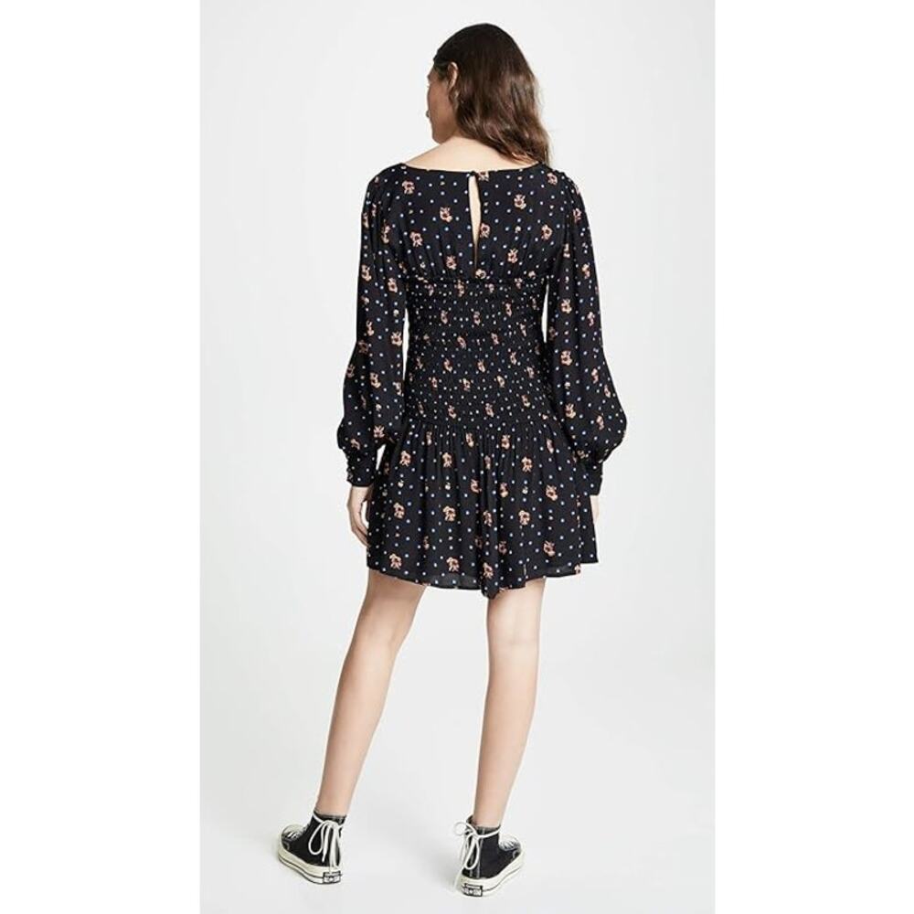 Free People Two Faces Mini Dress Black Floral Smocked Long Sleeve Size S - Picture 4 of 11